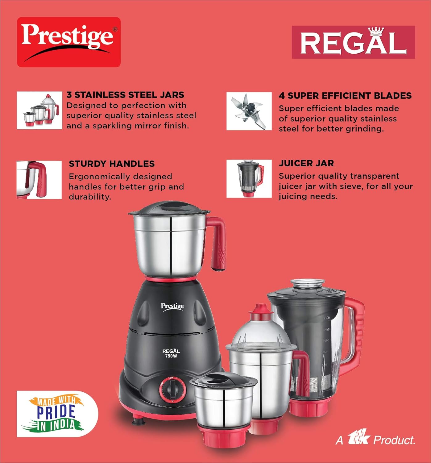 Prestige Regal 750W Mixer Grinder with 3 stainless-steel Jars